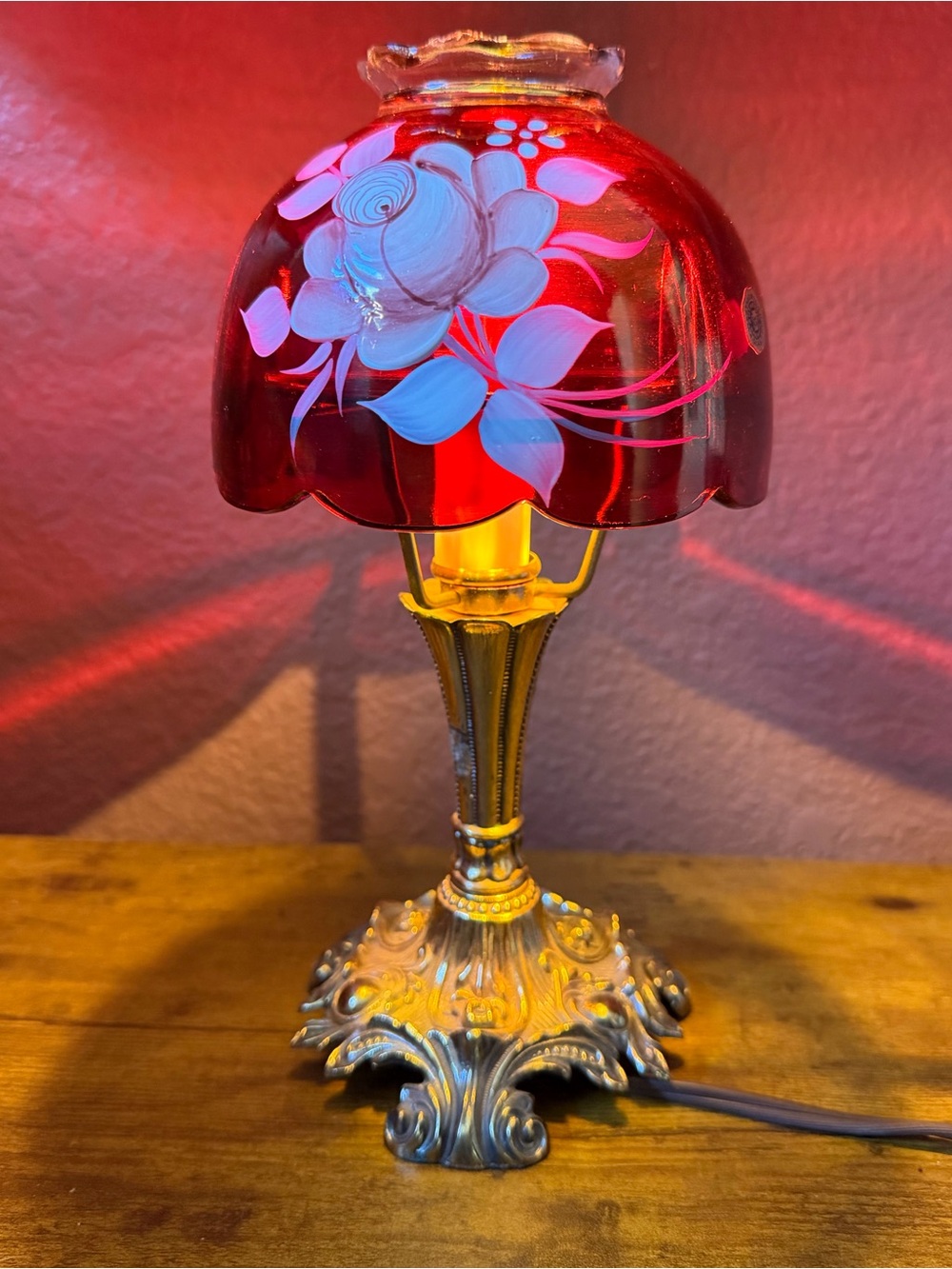 VTG Westmoreland Glass Ruby Red Fairy Lamp Electric Hand Painted 9” Works Great!
